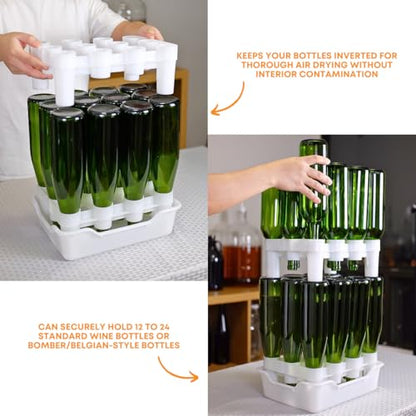FASTFERMENT - 12-Bottle Drying Rack & Tray| Bottle Drying Tree Alternative | Dry & Store your Wine or Bomber/Belgian Bottles | Stackable | White | Dishwasher Safe | Home Brewing Supplies
