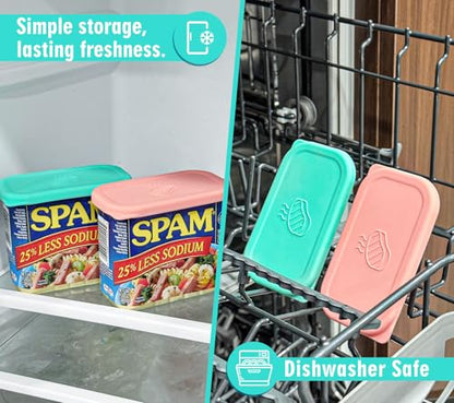 Silicone Can Lids for SPAM Canned Meat 12 oz, LFGB Platinum Silicone Can Covers for Food Storage, Freezer Dishwasher Safe, Set of 2 - color: pink green