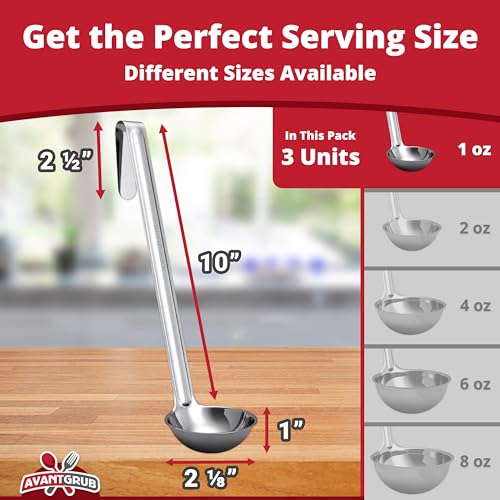 Super Sturdy, Ergonomic 1 Oz. Soup Ladle 3 Pk. Stainless Steel Ladles with Long Handles. Best Kitchen Accessories for Stirring, Portioning and Serving Soups, Chili and Stew in Restaurants and at Home - size: 1oz-3pk