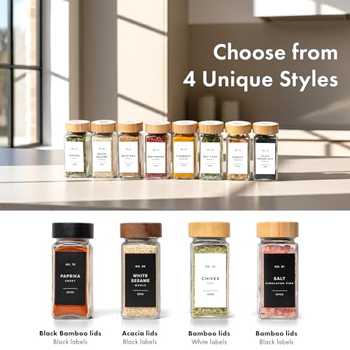 EDELHAUS® Square Spice Jars with Bamboo Wooden Lid (Pack of 24) Spice Jars with Shaker Insert and 240 Labels - Bamboo Lid Glass Container for Spice Organisation [4.3 in × 1.8 in] - color: White Labels