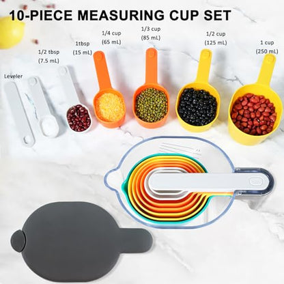 19-Pc Magnetic Measuring Cups and Spoons Set, with Lid, Black | Includes 1 cover, 9 stackable cups set & 9 black magnetic spoons, BPA-free & dishwasher safe, for liquid and dry baking - color: 19 Piece - Multicolor set
