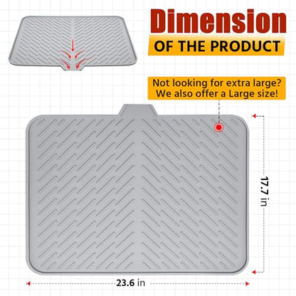 Luxet Silicone Dish Drying Mat with Built-in Drain Lip - Hygienic Drying Pad - Sturdy Compact Easy to Clean Tray Protects Surfaces Prevents Water Build Up - 23 X 17 (Grey)