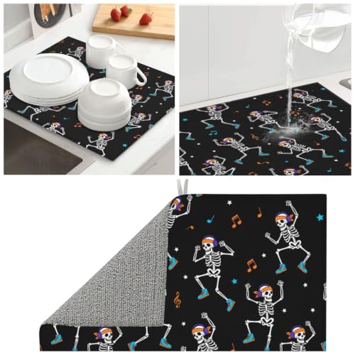 Dancing Skeletons Star Musical Notes Dish Drying Mats for Kitchen Counter, Super Absorbent Microfiber Drainer Pad, Washable Reversible Appliance Protector, Kitchen Must-Have, 16x18 Inch - color: Dancing Skeletons Star Musical Notes