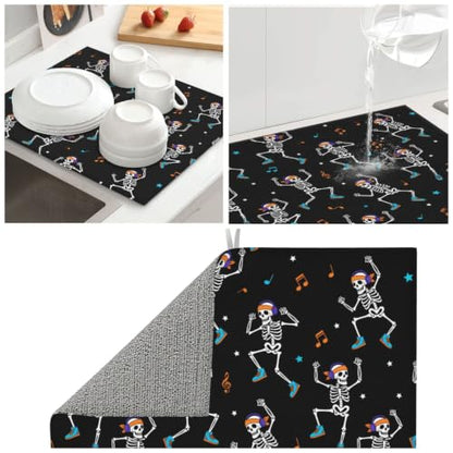 Dancing Skeletons Star Musical Notes Dish Drying Mats for Kitchen Counter, Super Absorbent Microfiber Drainer Pad, Washable Reversible Appliance Protector, Kitchen Must-Have, 16x18 Inch - color: Dancing Skeletons Star Musical Notes
