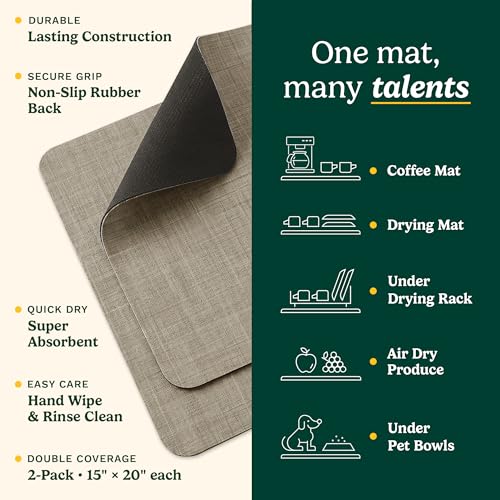 Cuisinart Coffee Mat for Countertop (2 Pack)–Quick-Dry Absorbent Coffee Bar Mat for Espresso Machines & Brew Stations, Also Use as a Dish Drying Mat on Kitchen Counter, Non-Slip, Easy Care, 15” x 20” - color: Taupe