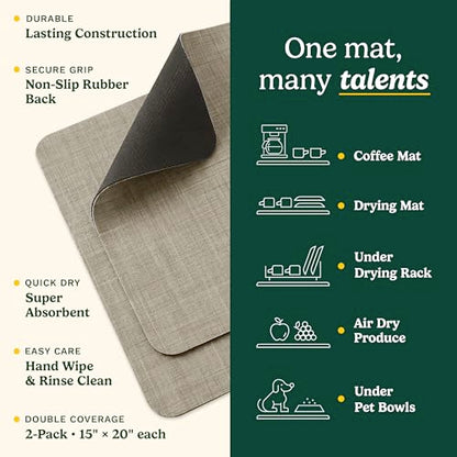 Cuisinart Coffee Mat for Countertop (2 Pack)–Quick-Dry Absorbent Coffee Bar Mat for Espresso Machines & Brew Stations, Also Use as a Dish Drying Mat on Kitchen Counter, Non-Slip, Easy Care, 15” x 20” - color: Taupe