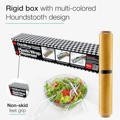 Chicwrap Houndstooth Refillable Plastic Wrap Dispenser - One 12" x 250' Roll of Professional Grade Plastic Wrap - BPA Free and Kosher Certified - Reusable Dispenser w/Slide Cutter - style: Houndstooth
