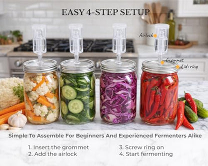Jillmo Fermentation Lids for Wide Mouth Mason Jars, Stainless Steel Auto Venting Fermenting Lid Kit with Airlocks & Silicone Grommets for Pickles, Kimchi & Sauerkraut, 6 Pack, No Jars Included - size: Pack of 6