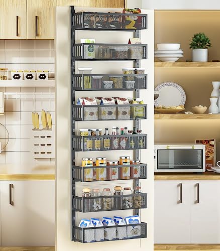 8-Tier Over The Door Pantry Organizer with Mesh Baskets, Adjustable & Stable Hanging Spice Rack for Kitchen, Bathroom, Bedroom, and Baby Essentials Storage (16" W 8-Tiers, Black) - color: 8tiers-black-metal