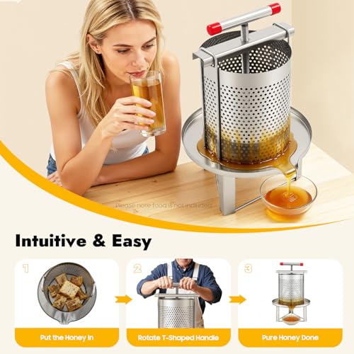 Honey Press Extractor, Stainless Steel Mesh Honey Press Machine Manual Fruit Juice Press, Honey Press Beekeeping Tool with Filter Screen for Household Farm, Diameter 9.4inch