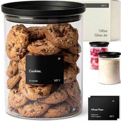 KIVY Large Glass Jar with transparent Glass Lid [100oz] Sealed glass canisters with airtight lid - Black canister - Laundry pod jar - Rice Storage jar - Flour and sugar containers - Flour Canister - size: 100oz