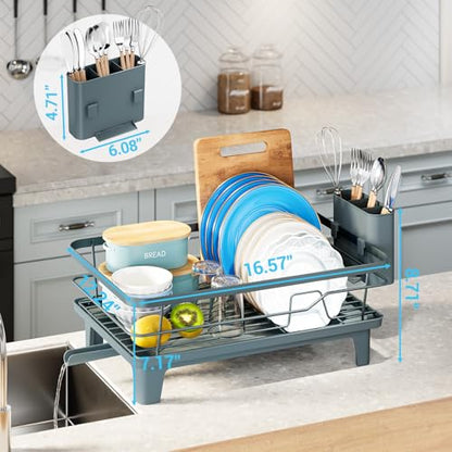 Urackify Dish Drying Rack for Kitchen Counter, Sink Dish Rack with Drainboard, Large Dish Drainer with Cups Holder, Home Countertop Plate Dryer Storage Rack with Cutlery Holder, Blue - color: Blue