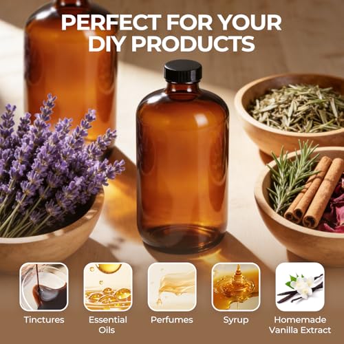 6 Pack 32 oz Amber Glass Bottles with Lids, Boston Round Glass Bottles with Black Caps for Secondary Kombucha Fermentation and Lab Chemicals