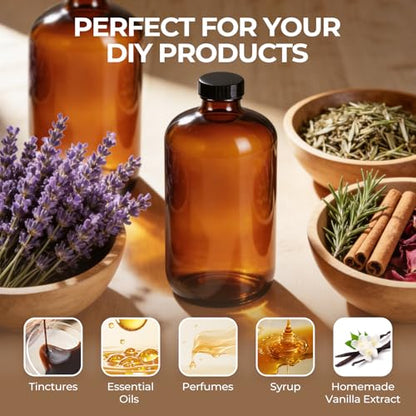 6 Pack 32 oz Amber Glass Bottles with Lids, Boston Round Glass Bottles with Black Caps for Secondary Kombucha Fermentation and Lab Chemicals