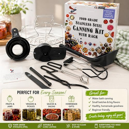 Supa Ant Complete Canning Supplies Starter Kit – 10pc Food-Grade Steel Set with XL Ladle, 6 Measuring Cups, Jar Lifter, Funnel, Canning Rack (7-Jar Capacity) & 90 Labels – Beginner-Friendly, Black - color: Black