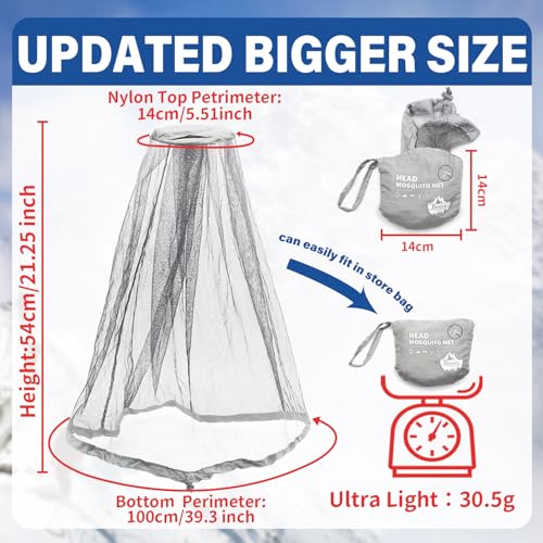 Benvo Mosquito Head Net Mesh Face Neck Fly Netting Cover from Bugs Gnats Noseeums Hat-Compatible Insect Shield for Fishing, Camping, Gardening (2pcs, Grey, Upgraded Big Net) - color: Grey