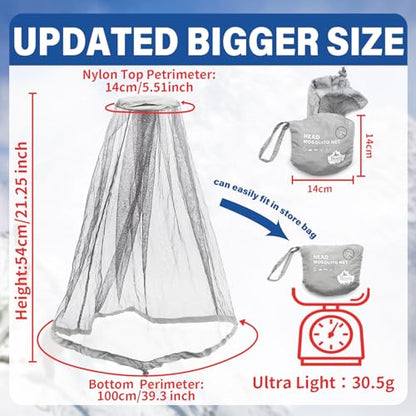 Benvo Mosquito Head Net Mesh Face Neck Fly Netting Cover from Bugs Gnats Noseeums Hat-Compatible Insect Shield for Fishing, Camping, Gardening (2pcs, Grey, Upgraded Big Net) - color: Grey