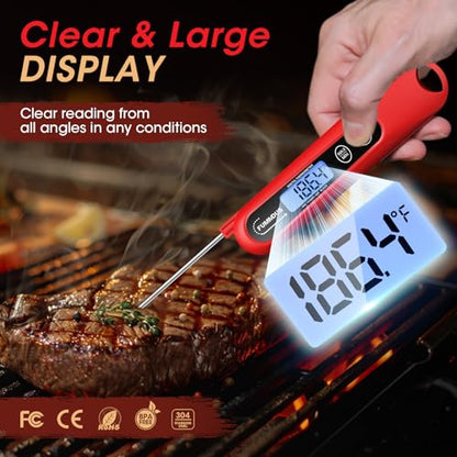 Digital Meat Thermometer - 2S Instant Read Food Thermometer with Backlight, Foldable Probe for Turkey BBQ Grill Smoker Candy, Essential Kitchen Cooking Gadget (Red) - color: Red