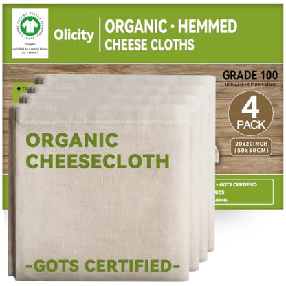 Organic Cheese Cloths, GOTS Certified, 4Pack, Grade 100,20x20Inch Hemmed Cheese Cloth Fabric Reusable Fine Mesh Cloth, 100% Cotton Unbleached Muslin Cheesecloth for Straining, Cooking, Butter,Tea,Tofu