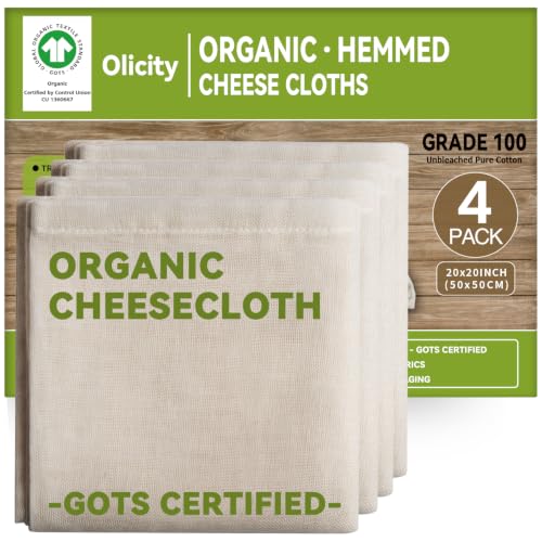 Organic Cheese Cloths, GOTS Certified, 4Pack, Grade 100,20x20Inch Hemmed Cheese Cloth Fabric Reusable Fine Mesh Cloth, 100% Cotton Unbleached Muslin Cheesecloth for Straining, Cooking, Butter,Tea,Tofu