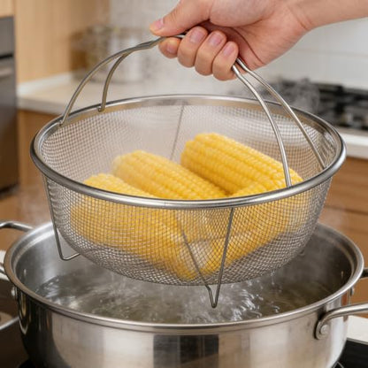 Unomor 9" Stainless Steel Fryer Basket – Mesh Deep Fry Strainer with Handle & Feet for Oil Draining, Steaming Veggies, Pasta, Eggs; Round Wire Insert Fits Most Pots for Home & Party Cooking