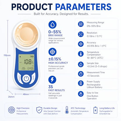 Digital Brix Refractometer 0-55% with ATC, ±0.15% Accuracy, 3-Second Results, Rechargeable Sugar Content Tester for Fruits, Juice, Home Brewing, Wine, Coffee