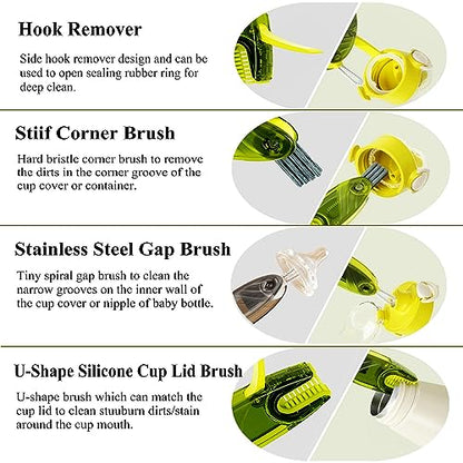 4 in 1 Cup Lid Cleaning Brush Set Multifunctional Bottle Brush Cleaner Tiny Bottle Cup Lid Brush Straw Cleaner Tools Mini Silicone Bottle Cup-Holder Cleaner with Hook Remover Blue Green Grey - style: GreenGreyBlue 3pcs 4in1