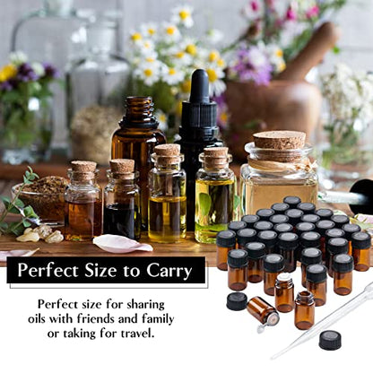 TUZAZO 100Packs Essential Oil Sample Bottles 2Ml Drams Amber Glass Vials with Caps, Orifice Reducers, Labels and Transfer Droppers, Mini Anointing Oil Bottles 0.068OZ