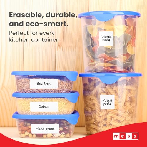 MESS Removable Food Labels for Containers (96-Pack) 1x3" & 1.5" Erasable Kitchen Labels for Organizing, Freezer & Fridge, White Dry Erase Labels for Jars | Freezer and fridge safe, waterproof, wipe clean with marker, no residue, reusable, pantry jars, spi