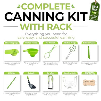Supa Ant Complete Canning Starter Kit – 10pc Food-Grade Steel Set with XL Ladle, 6 Measuring Cups, Jar Lifter, Wide Mouth Funnel, Canning Rack (7-Jar Capacity) & 90 Labels –Beginner-Friendly, Green - color: Bright Green