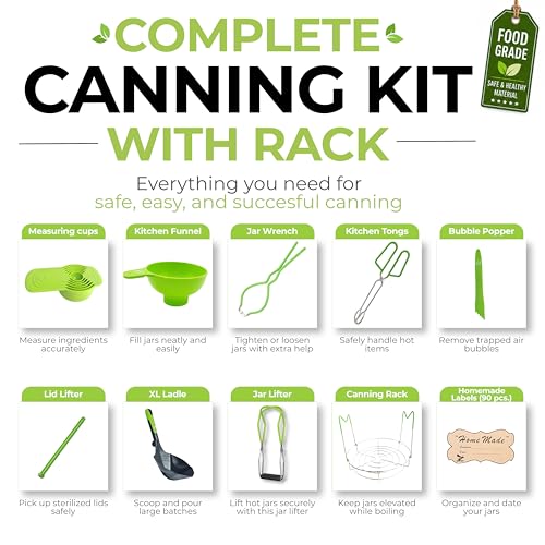 Supa Ant Complete Canning Starter Kit – 10pc Food-Grade Steel Set with XL Ladle, 6 Measuring Cups, Jar Lifter, Wide Mouth Funnel, Canning Rack (7-Jar Capacity) & 90 Labels –Beginner-Friendly, Green - color: Bright Green