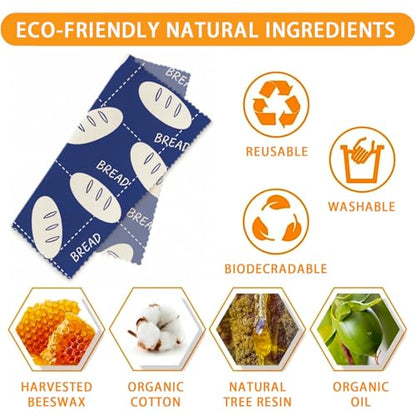 Reusable Beeswax Wraps, Blue & White Bread Bakery Wraps, 9 Pack Eco-Friendly Food Covers, Organic, Sustainable, Zero Waste, Plastic-Free, For Sandwich, Snack, Bowl, 1XL, 3M, 5S - color: Blue Bread