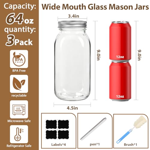 64 oz Wide Mouth Mason Jars with lids, 3 Pack Half Gallon Canning Jars | Large Glass Canning Jars for Suntea, Pickling, Storage, Sourdough, Fermentation, Salad, Meal Prep & DIY, Food Pantry Storage - color: Clear-64oz-3
