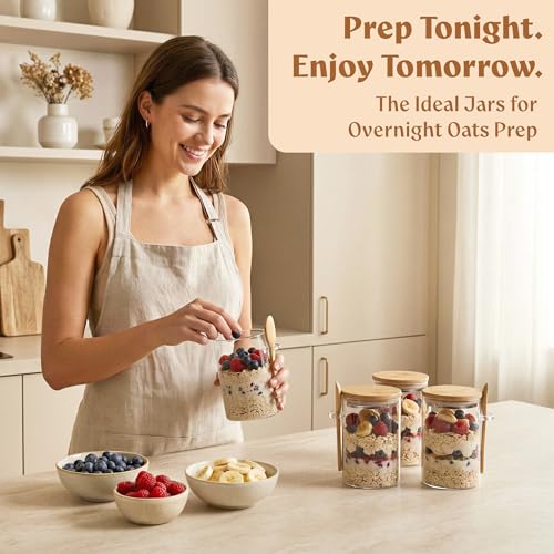 Overnight Oats Containers with Lids, Labels & Spoons (4 x 16oz) Glass Jars for Oatmeal, Meal Prep, Food Storage | Leak-Proof Mason Jars for Oats, Cereal, Yogurt, Chia Pudding [Thicker Glass 3mm] - color: Bamboo Lid