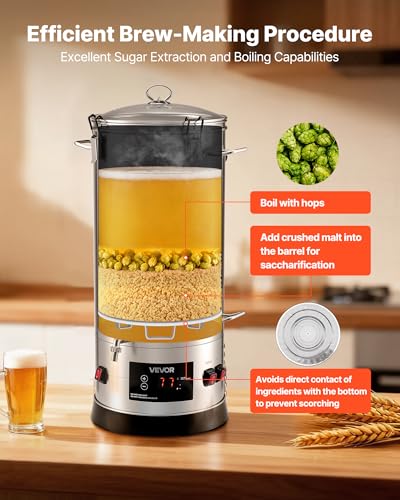 VEVOR Beer Brewing Equipment, 8 Gal/30L 304 Stainless Steel Home Beer Brewer,1500W All-in-One Home Brewing Kit with Tall strainer, Integrated Inner Barrel & Reinforced Handle - size: 8 Gal