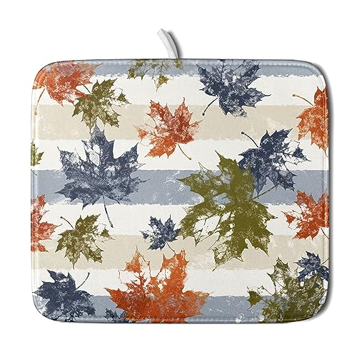 Autumn Colorful Maple Leaves Dish Drying Mat for Kitchen Counter,Blue and White Stripe Drying Mat 16 x 18 Inch with Absorbent Reversible Microfiber Dish Drying Pad Dish Rack Drainer Mat for Coffee Bar - color: Colorful Maple Leave230807, size: 16" x 18"
