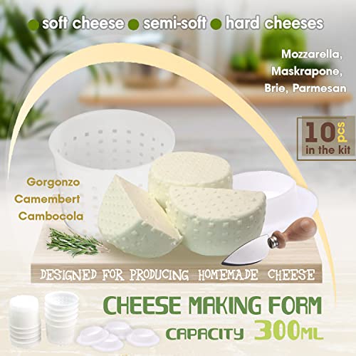 10 pcs Small Cheese Mold for Cheese Making with a Follower 1/3 QT - Cheddar Cheese Making Basket Kit - Homemade Cheese Making Supplies - Hard Cheese Form Molds - Moldes Para Queso Fresco Casero