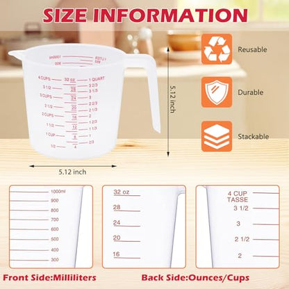 8 Pcs 4 Cup/32 Oz Plastic Measuring Cups With Spout And Handle | 1000ml Clear Graduated Measuring Cups With Oz And Ml Markings For Water, Flour, Liquids, Baking, Cooking And Mixing - color: 8 Pcs, size: 4Cup/32OZ