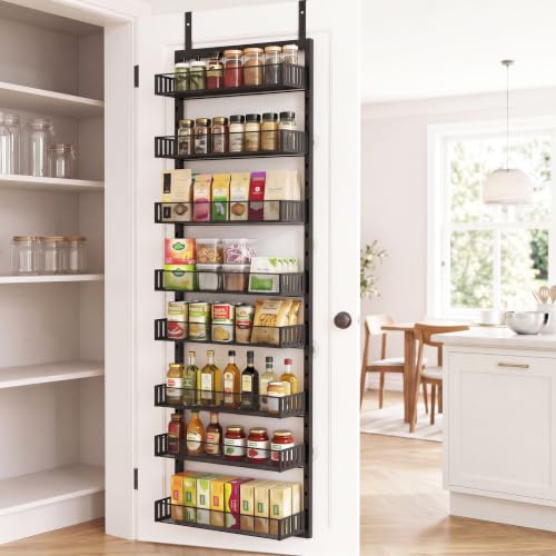 Over the Door Pantry Organizer, 8-Tier Heavy-Duty Door Spice Rack with Mesh Baskets, Height Adjustable & Anti-Swing Design, Pantry Door Organizers and Storage for Kitchen, Bathroom, Laundry Room - color: black