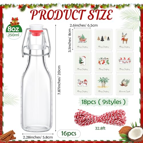 Havawish 16 Pcs Merry Christmas 8 oz Coquito Swing Top Glass Bottles with Airtight Cap Lids Labels Clear Flip Top Bottles with Stoppers for Homemade Christmas Home Brewing Beer Beverages(Fresh) - style: Fresh