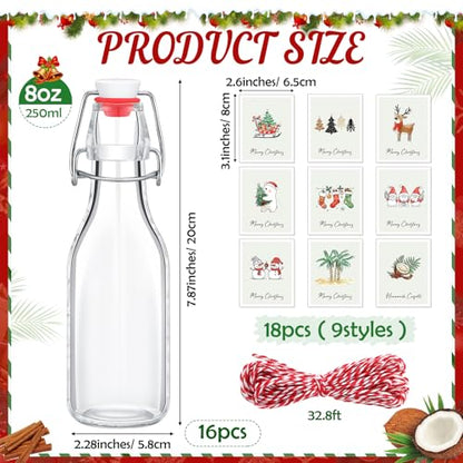 Havawish 16 Pcs Merry Christmas 8 oz Coquito Swing Top Glass Bottles with Airtight Cap Lids Labels Clear Flip Top Bottles with Stoppers for Homemade Christmas Home Brewing Beer Beverages(Fresh) - style: Fresh