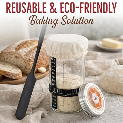 Sourdough Starter Jar 24oz, Wide Mouth Glass Jar with Date Marked Feeding Band, Thermometer, Lid, Cloth Cover & Spatula, Sourdough Bread Baking Supplies, Sour Dough Starter Kit for Beginners (6 Pcs)