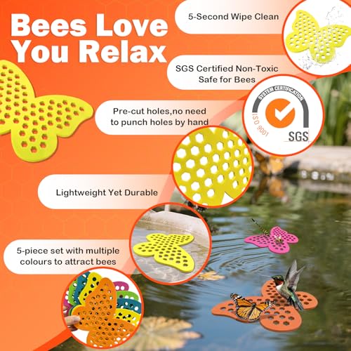Bee Watering Station Island for Garden - 5 Pack Butterfly Floating Bee Island, SGS Certified Premium EVA Foam, Fade Resistant Odor Free Pre-Cut Holes, Anti Drowning for Pollinators, for Birdbath Pond