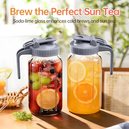 32oz Glass Pitcher with Lid & Spout – 1 Quart Mason Jars, Airtight & Leakproof Breastmilk Pitcher for Cold Brew Coffee, Sun Tea, Water, Juice – Wide Mouth, Fridge Safe - color: Gray, size: 32 Ounces