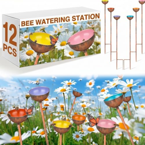 Teenyyou 6 Pcs Bee Watering Station for Garden Bee Metal Watering Cups Butterfly Water Feeder Small Insects Bath Bowl Cups Metal Stakes for Outdoor Garden Decor (Colorful) - color: Colorful