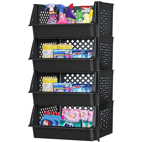 Large Stackable Storage Bins Open Front for Pantry Storage, 4 Pack - Black | Sturdy Plastic, Easy Stacking, Open Front Access, Ventilated Sides, Vertical & Space Saving Pantry Organizers and Storage Bin - color: Black, size: 4 Pack
