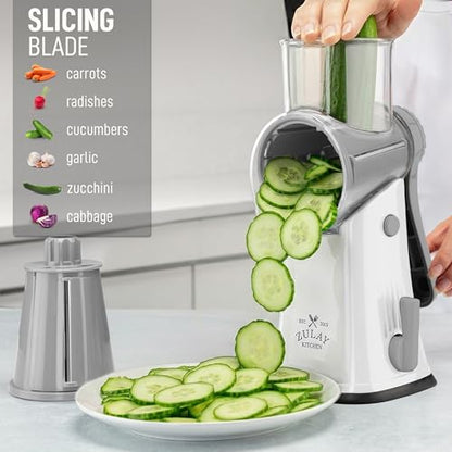 Zulay Kitchen Rotary Cheese Grater 5 Blade Cheese Shredder - Manual Hand Crank Cheese Grater With Reinforced Suction & 5 Interchangeable Drums - Easy to Use, Vegetable Chopper Round Mandoline Slicer - color: Gray and White