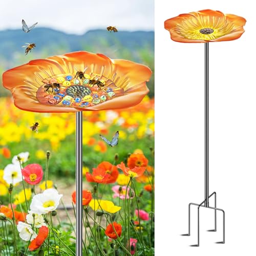 Bee Butterfly Watering Station, 4 Prongs Base Stake Butterfly Bee Feeder for Garden with Glass Marbles, Bee Bath with Vivid Flower Design for Garden Yard Patio Decor (Orang Yellow) - style: Floral