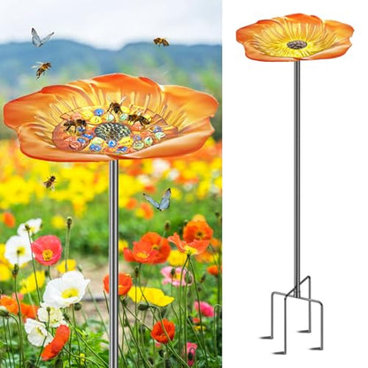 Bee Butterfly Watering Station, 4 Prongs Base Stake Butterfly Bee Feeder for Garden with Glass Marbles, Bee Bath with Vivid Flower Design for Garden Yard Patio Decor (Orang Yellow) - style: Floral