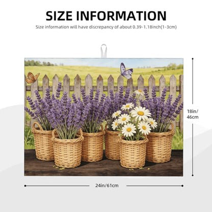 Kitchen Drying Mat for Countertop Lavender Daisy Farmhouse Garden Pattern Non-Slip Kitchen Counter Mat for Dishes Glassware - color: Purple White
